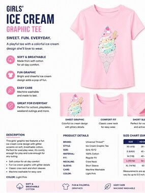 Cat & Jack Light Pink Short Sleeve Tee with Rainbow Ice Cream Graphic